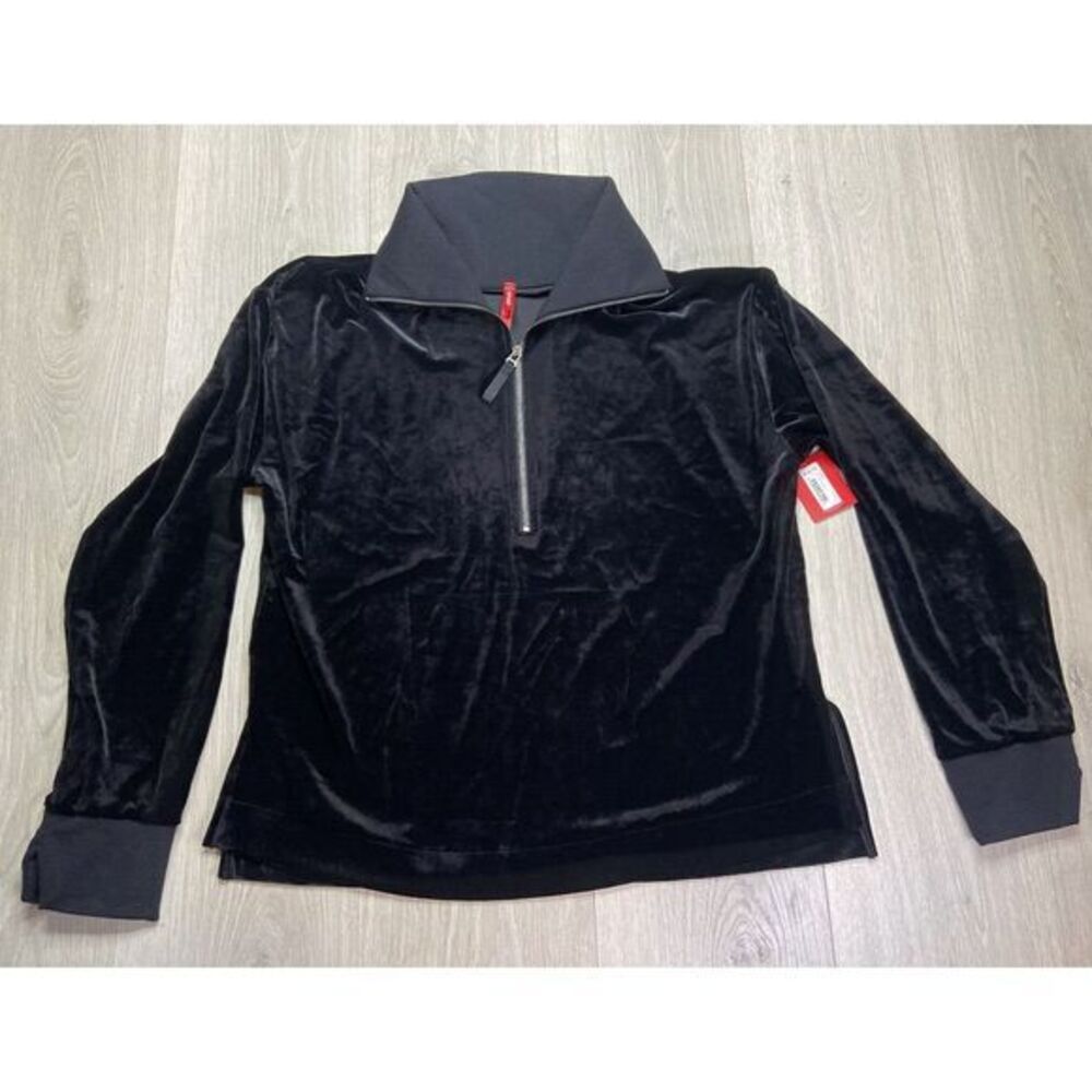 Spanx Pullover Top‎ Black Velvet Zip Lounge Sweatshirt Athleisure Luxury Cozy